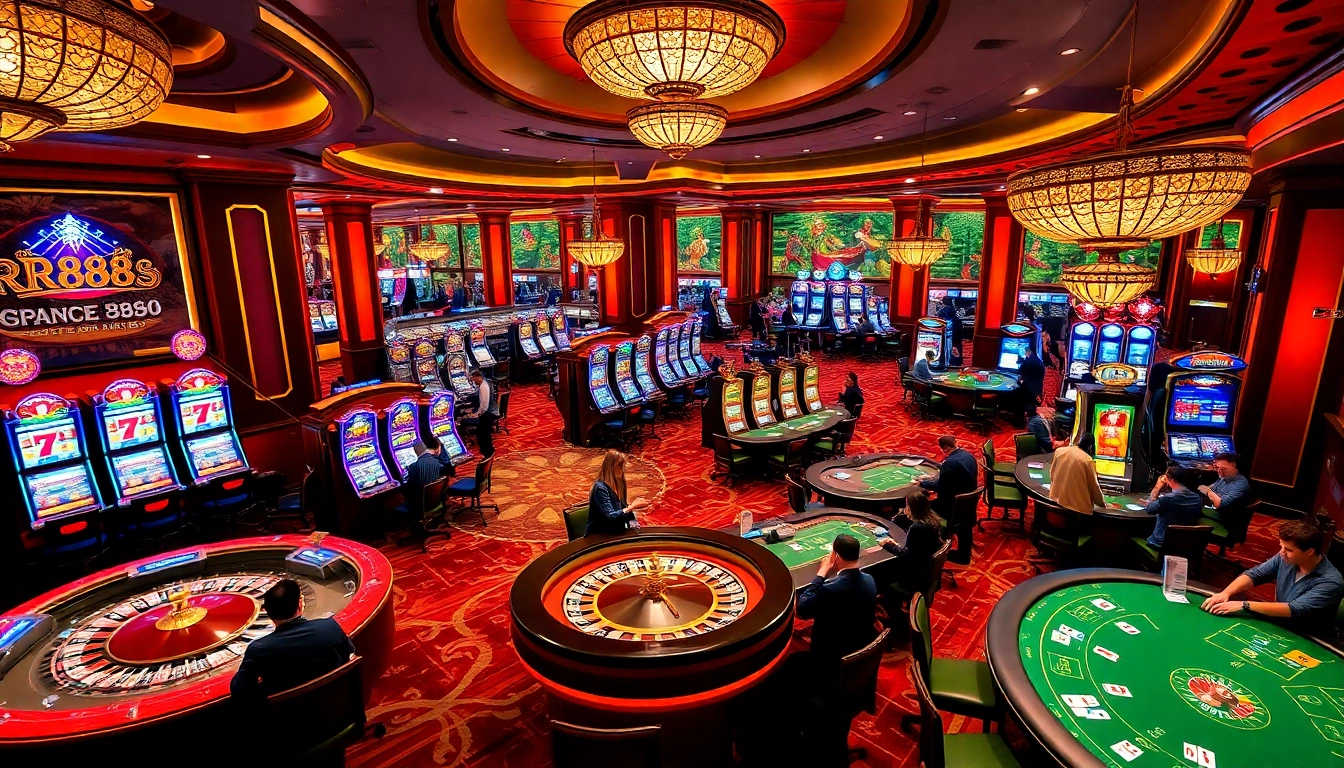 Players engaging in high-stakes gambling at a luxurious casino highlighting RR888 excitement