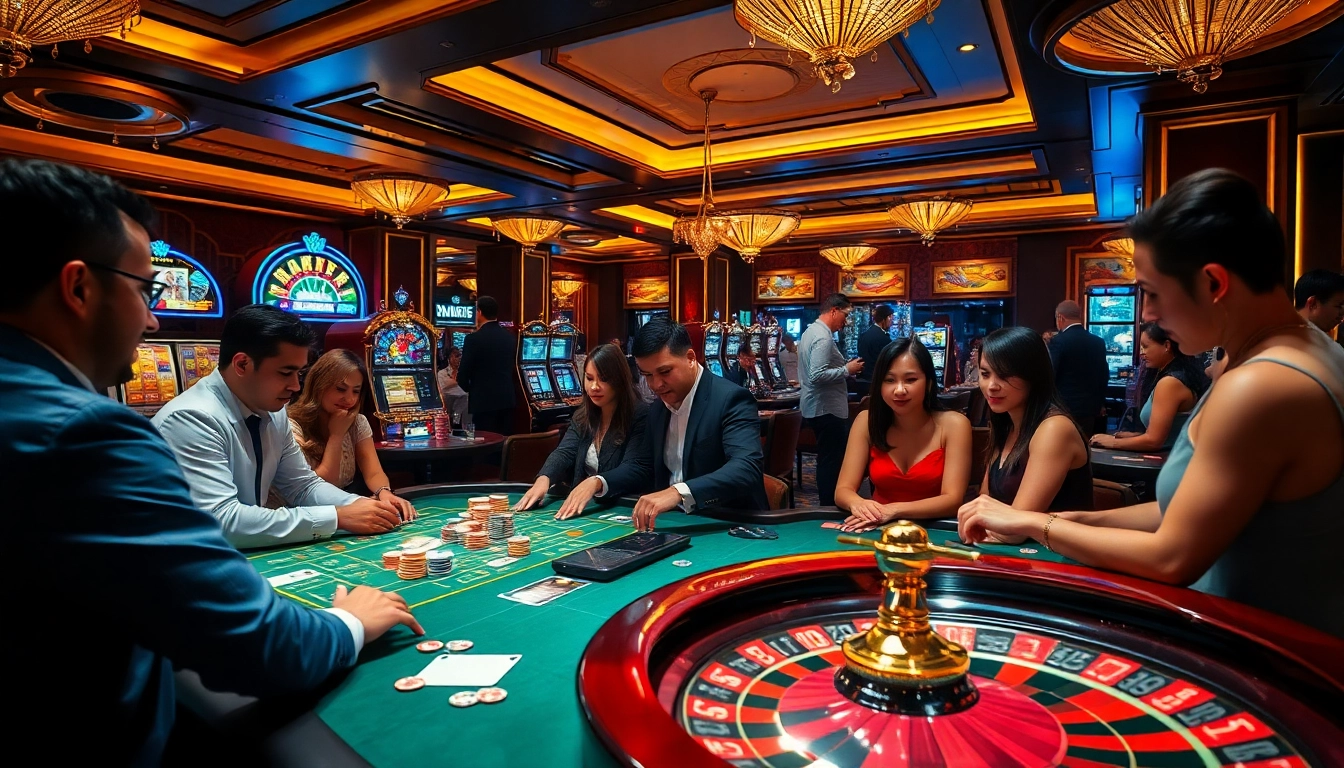 Players enjoying game tg88 at a luxurious casino showcasing vibrant gambling elements.