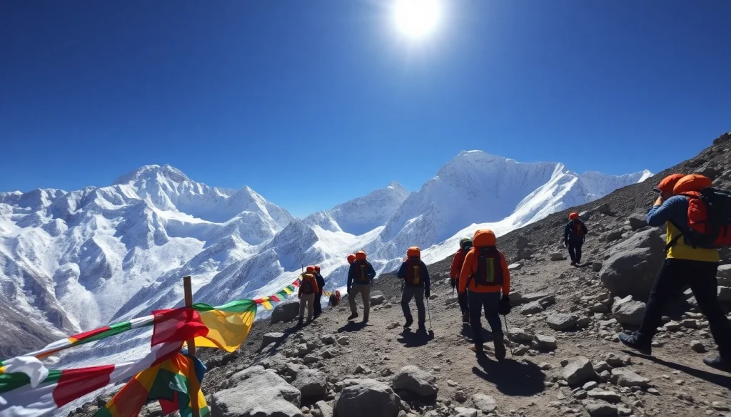 Everest Base Camp adventure scene with trekkers and stunning mountain views.