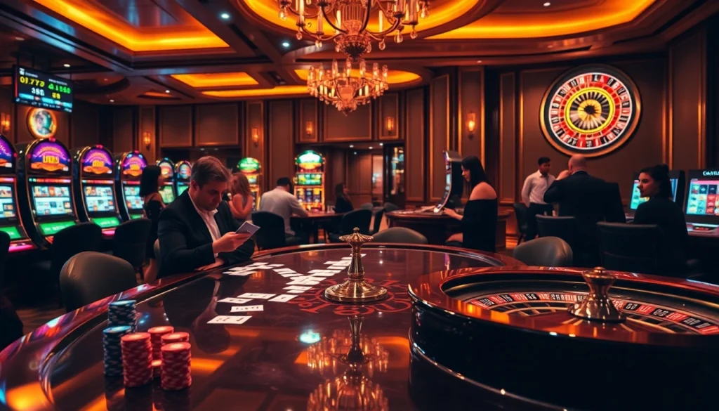 Experience the excitement of casino e2bet with players enjoying poker and vibrant slot machines.