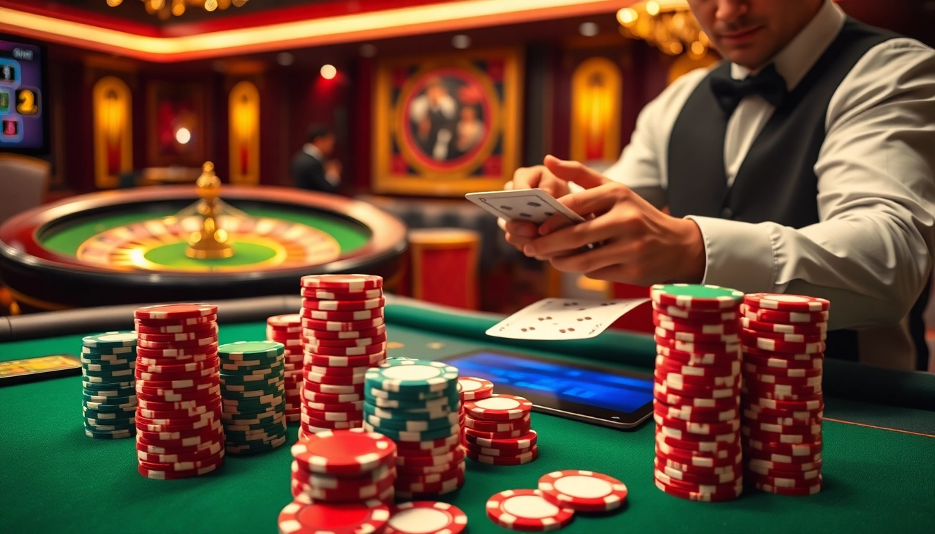 A vibrant casino table scene showcasing thabet77 features with poker chips and playing cards.