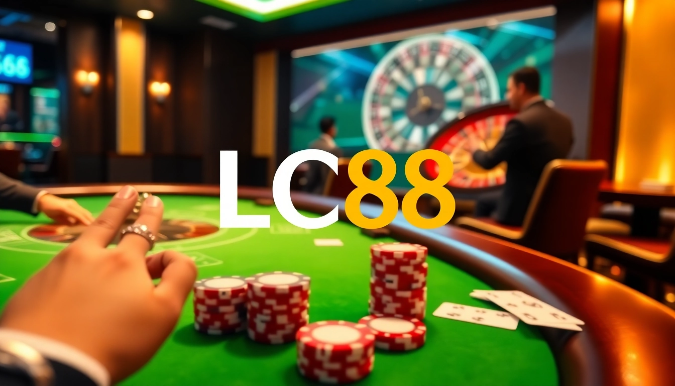 Experience the excitement of online gaming at lc88 with vibrant casino visuals featuring poker tables and chips.