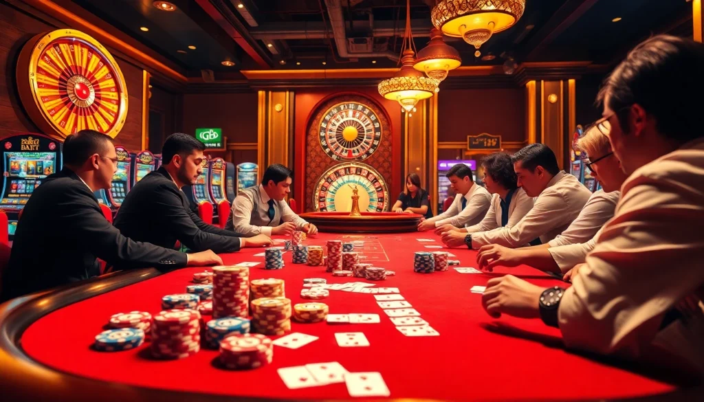 Players strategizing in luxury casino with tg88-themed poker chips and cards.