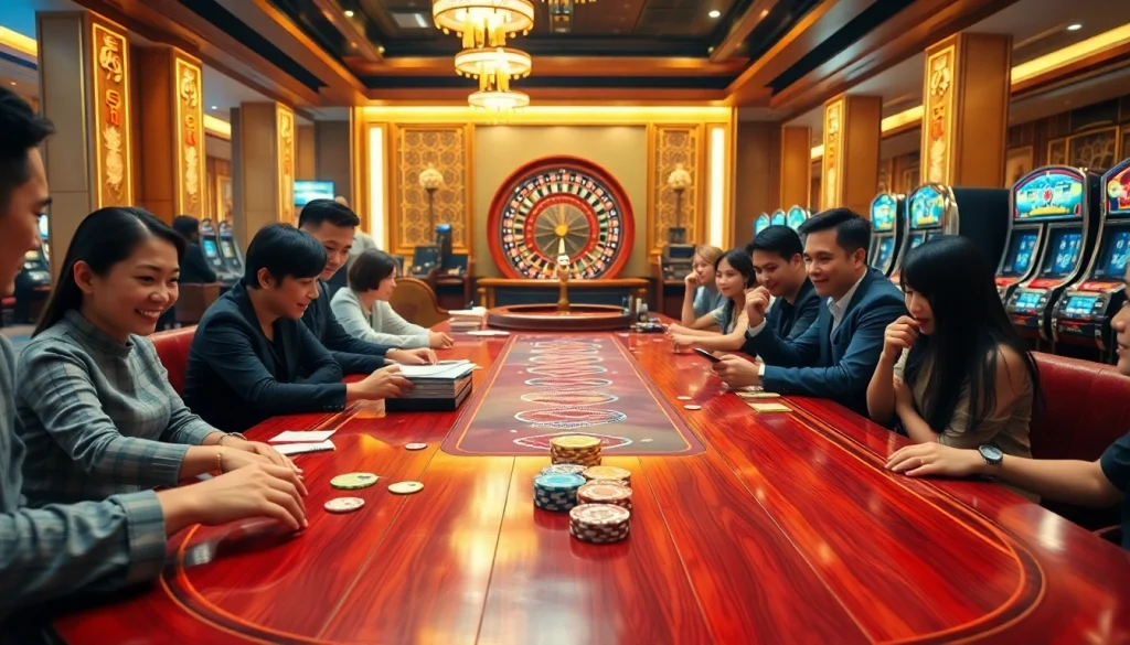 Xóc đĩa table with players engaged in an exciting gambling atmosphere at a casino.