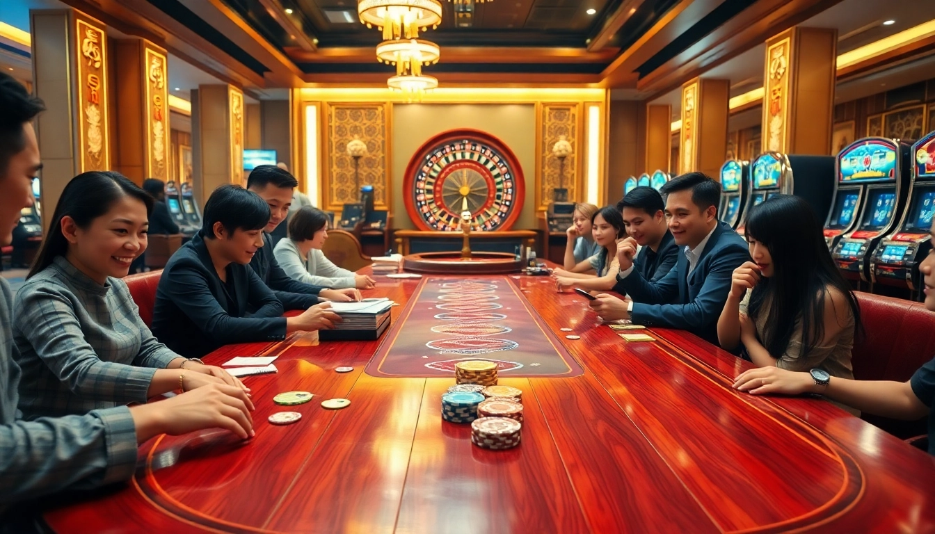 Xóc đĩa table with players engaged in an exciting gambling atmosphere at a casino.
