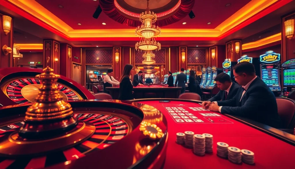 An engaging scene at a luxurious casino highlighting strategic poker gameplay, featuring vibrant colors and fly88fly.com branding.