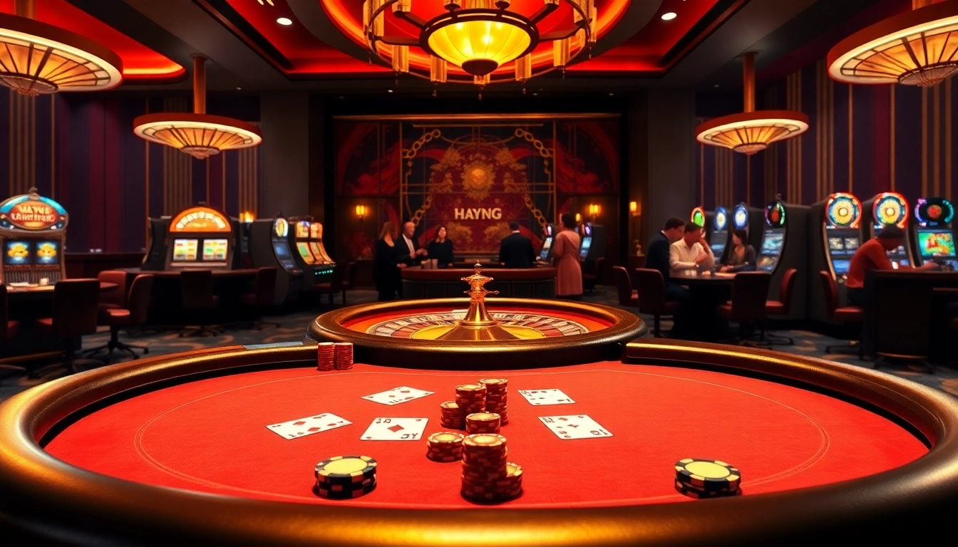 Experience the thrill of the hay88 deal at a luxurious casino, featuring vibrant poker games and rich decor.
