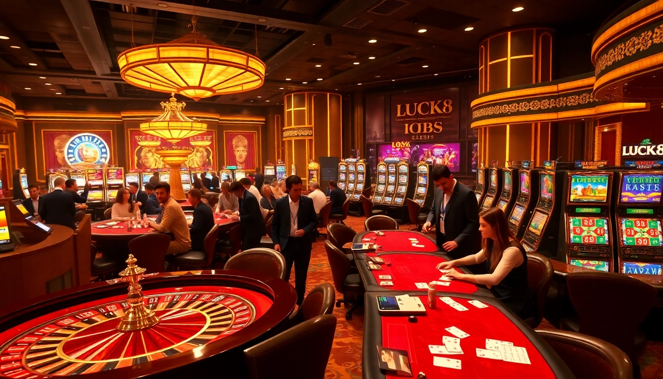 LUCK8 casino interface showcasing players joyfully engaging in poker and roulette.