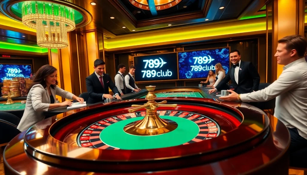 A vibrant casino table scene at 789club featuring players excitedly engaging in roulette and card games.