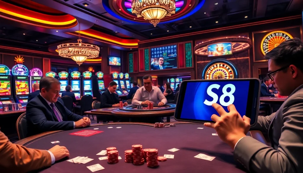 S8 casino scene with players betting high stakes at poker tables, vibrant slot machines, and a roulette wheel.