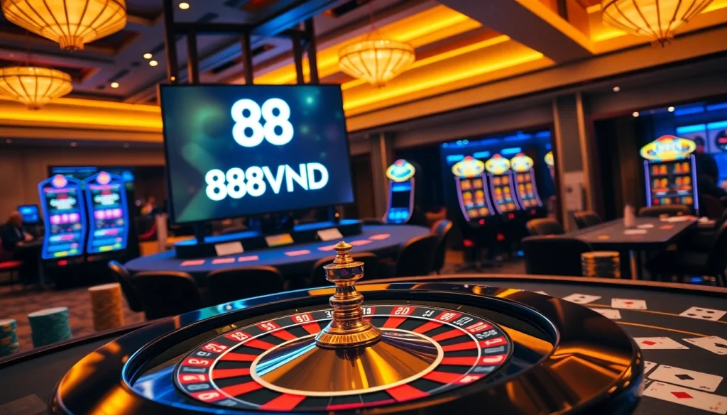 Experience the excitement of 888VND with a luxurious casino scene featuring roulette, poker chips, and vibrant online gambling interfaces.