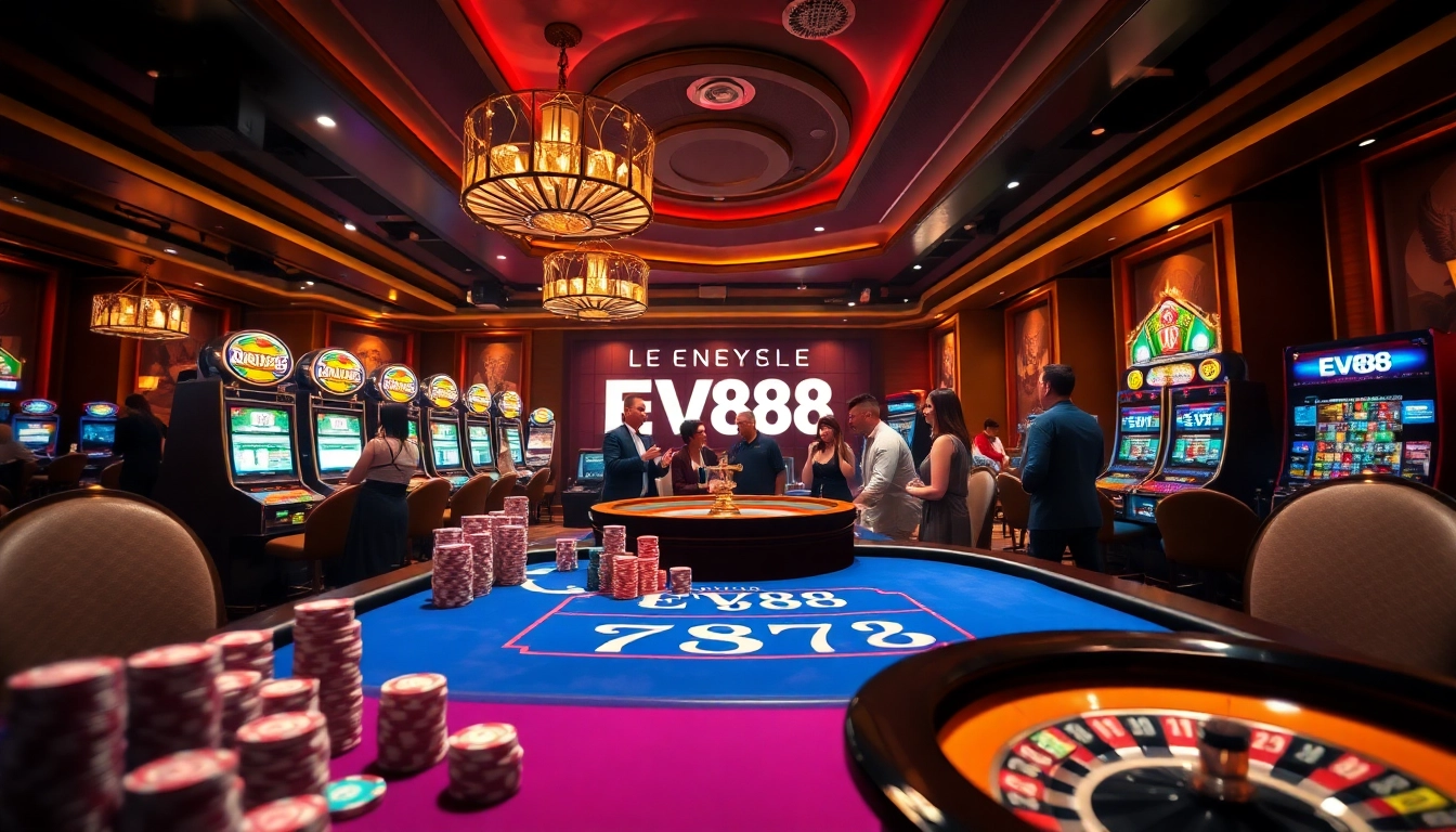 Engaging players at a poker table with colorful chips and EV88 3676 online gambling interfaces.