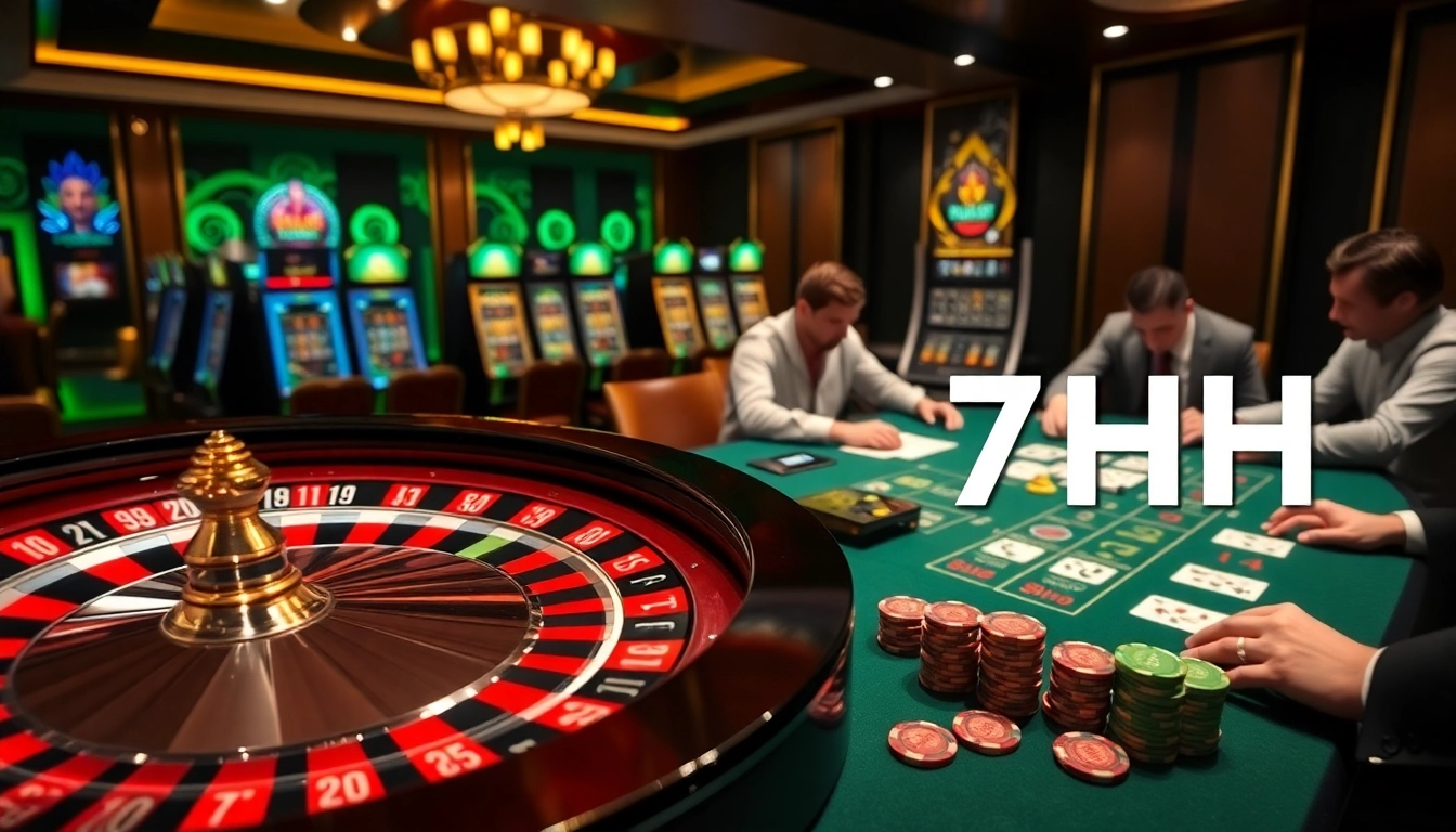 Visualize 7HH players enjoying a sophisticated casino experience with roulette and poker.