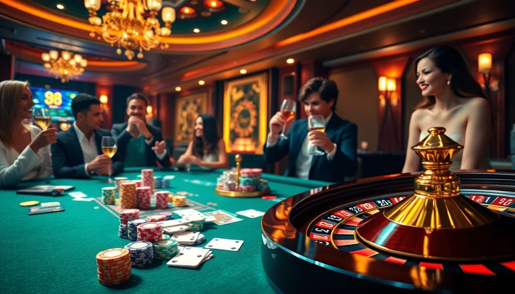 98win players enjoying an upscale casino atmosphere at a lively poker table.
