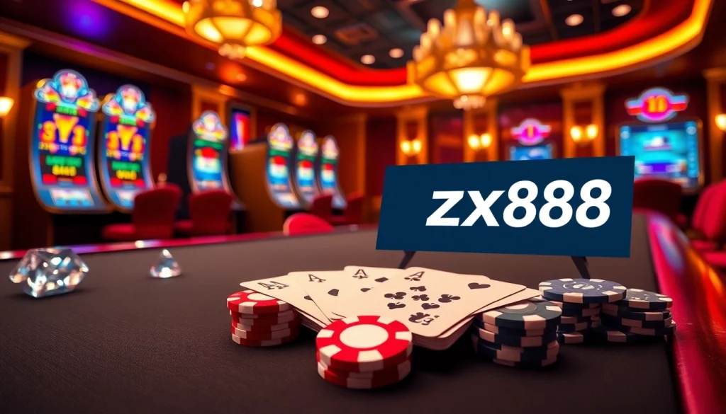 Experience the thrill of betting at nhà cái zx88 with vibrant casino tables and slot machines.