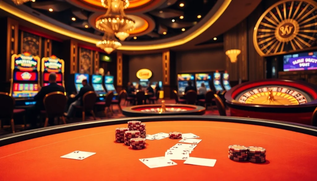 BJ88 casino scene featuring poker chips and roulette wheel in an elegant environment.