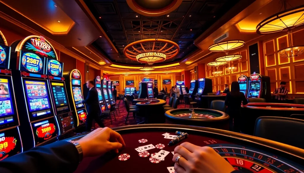 Players experiencing the excitement of the WW88 casino with vibrant slot machines and poker tables.
