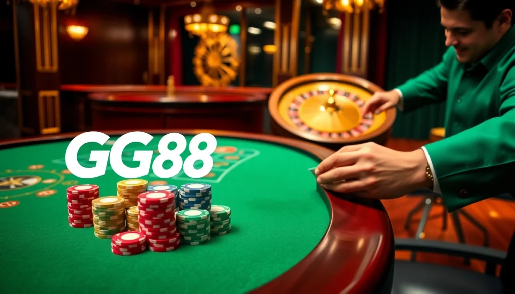Experience excitement at GG88 casino gaming table with vibrant chips and sleek dealer actions.