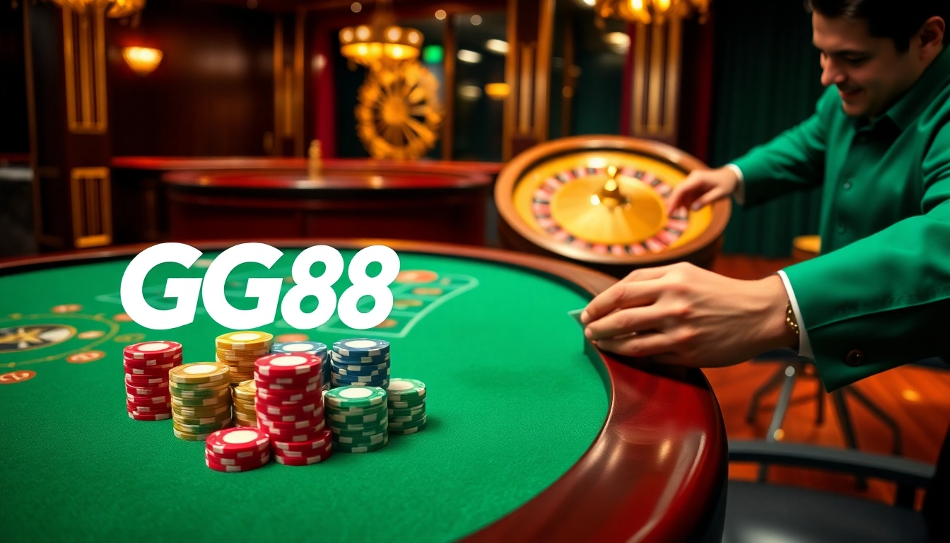 Experience excitement at GG88 casino gaming table with vibrant chips and sleek dealer actions.
