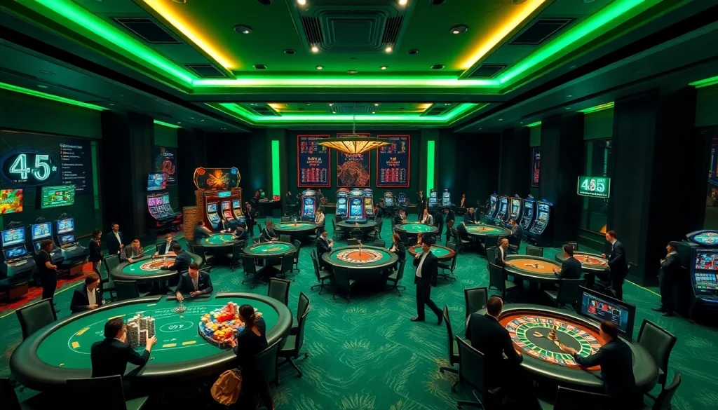 Players enjoy thrilling casino games at https://s8esra.com/, surrounded by elegant decor and vibrant slot machines.