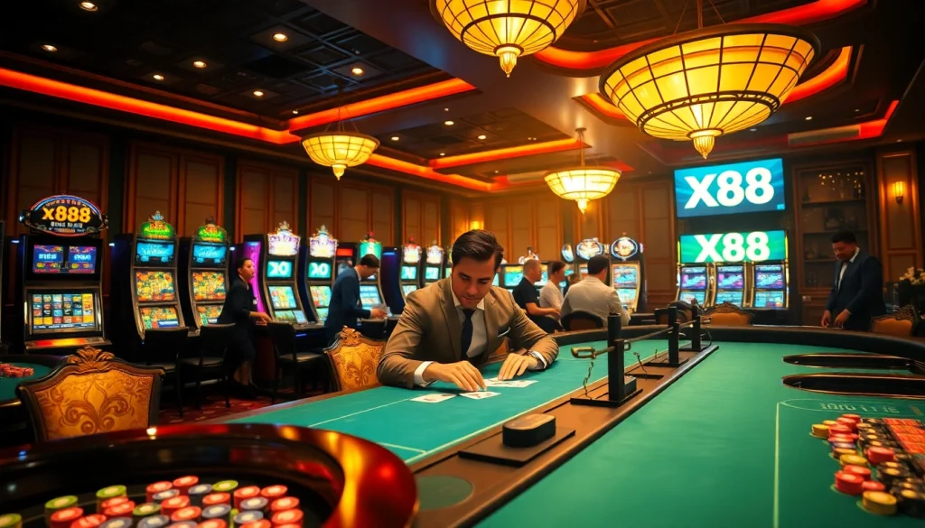 X88 delivers thrilling casino action with vibrant tables, engaging players, and luxurious decor.