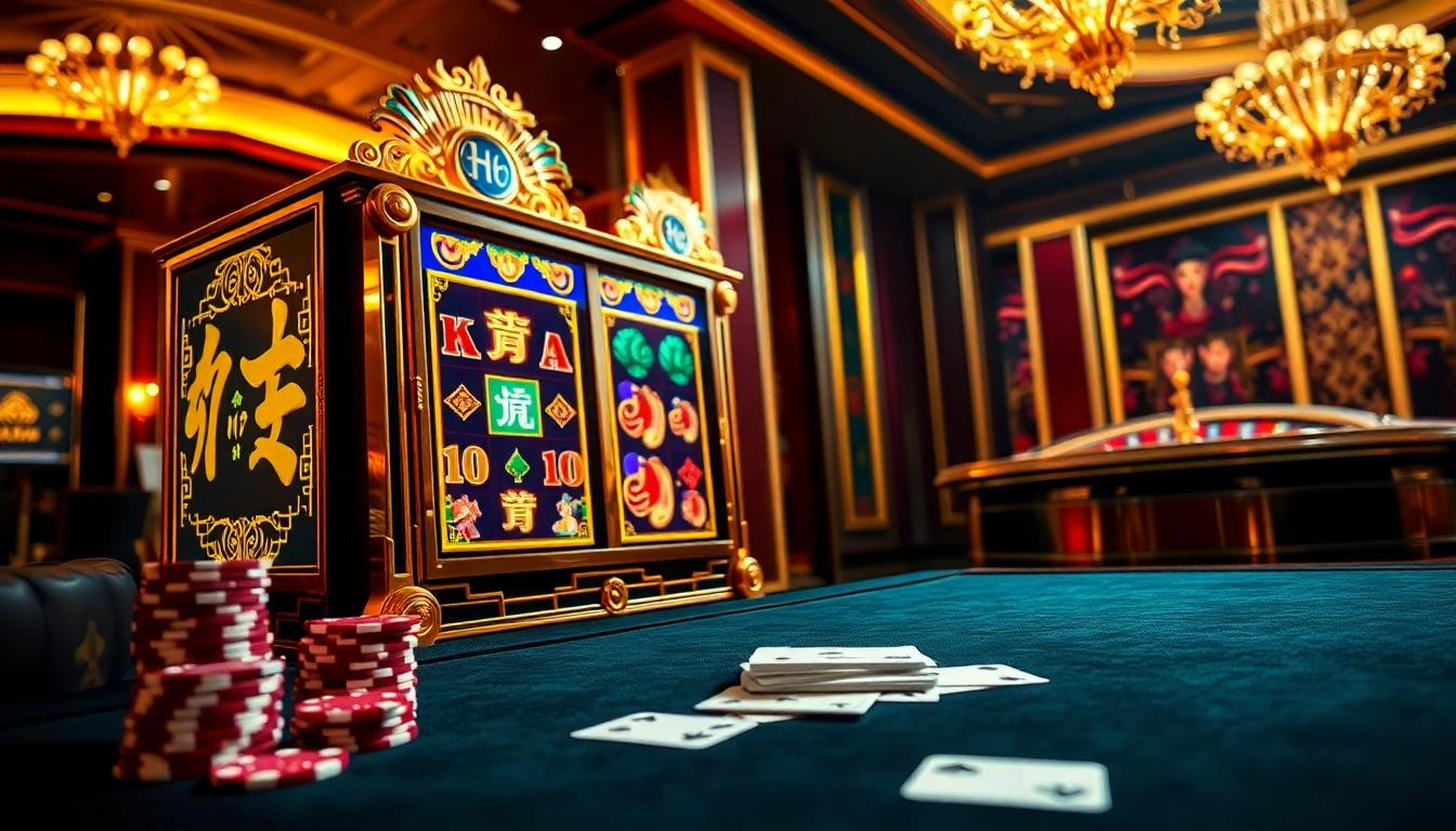 Experience the excitement of nổ hũ with a vibrant slot machine in a luxurious casino.