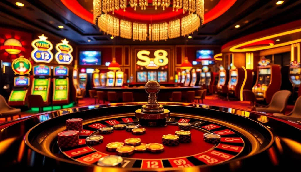 Players enjoy the thrill at S8's luxurious casino, featuring a vibrant roulette table.