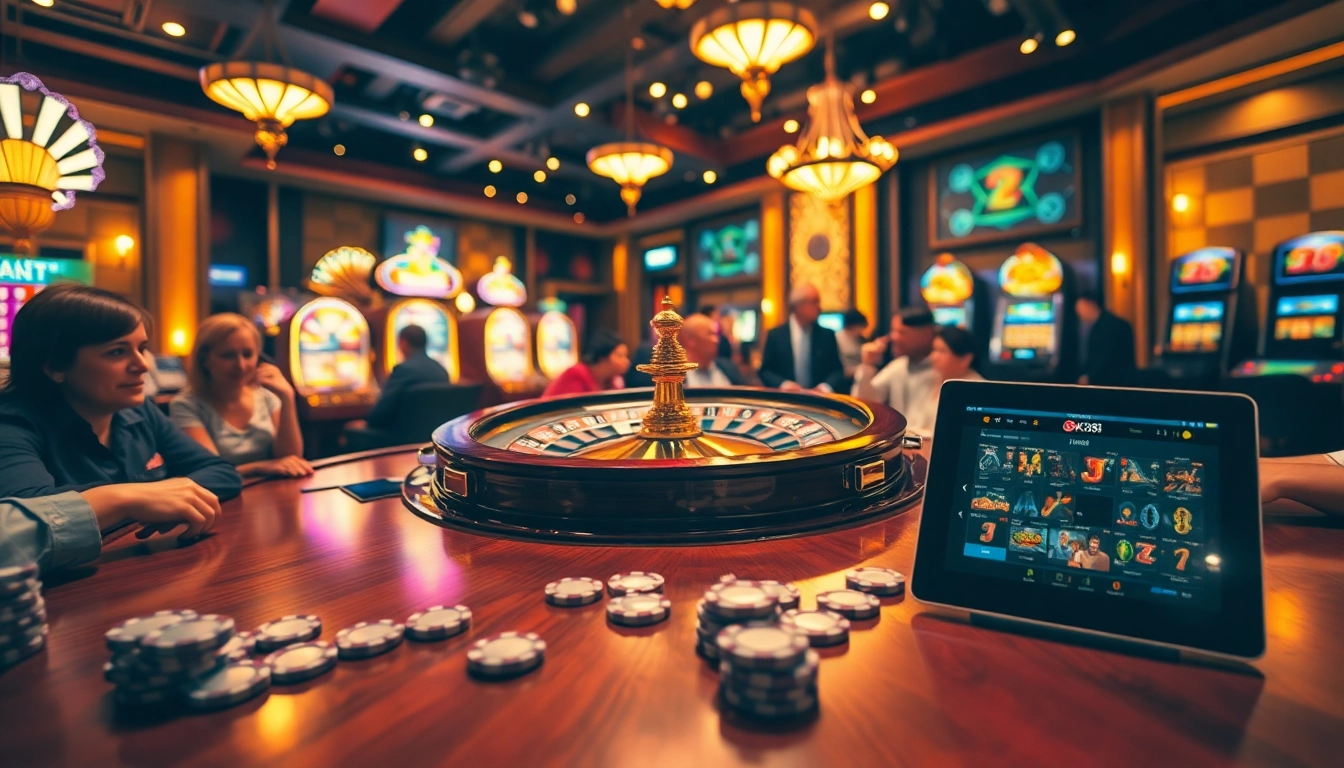 Players engaging at the table with vibrant ok8386 casino visuals and spinning roulette wheel.