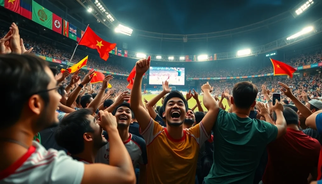 Lịch thi đấu soccer fans cheering in a lively stadium setting.