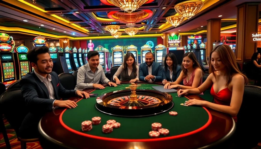 Players enjoying a thrilling session at GG88's opulent casino tables with vibrant slot machines.