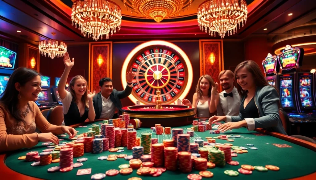 Players enjoying a vibrant gaming experience at GA88 casino, celebrating wins at the roulette table.