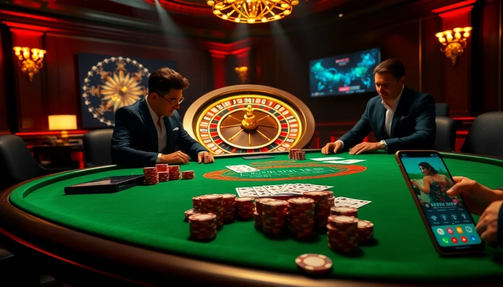 Engaging poker players at a vibrant gambling table with elements of 包网 integration, showcasing excitement and professionalism.