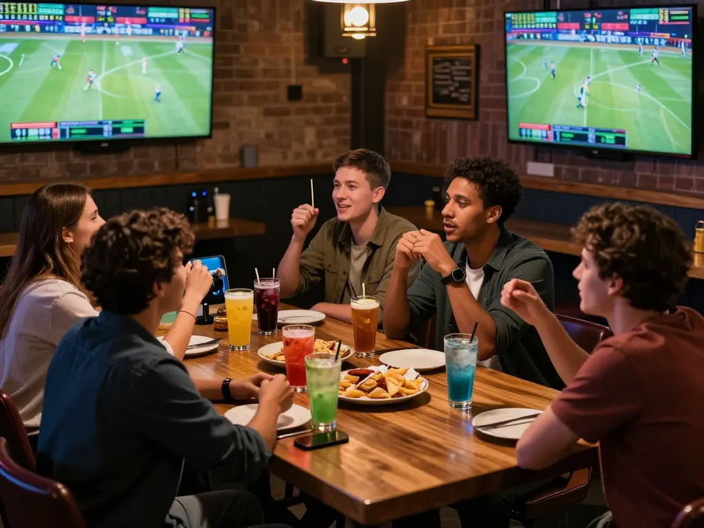 Friends placing bets while enjoying sports games at a vibrant bar, highlighting the excitement of TR88 betting.