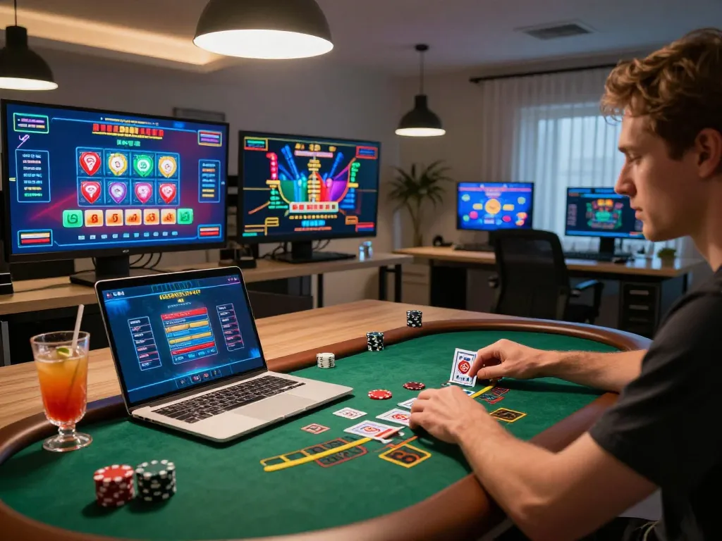 Player analyzing a hand at 68win live dealer blackjack on their laptop, cozy gaming setup