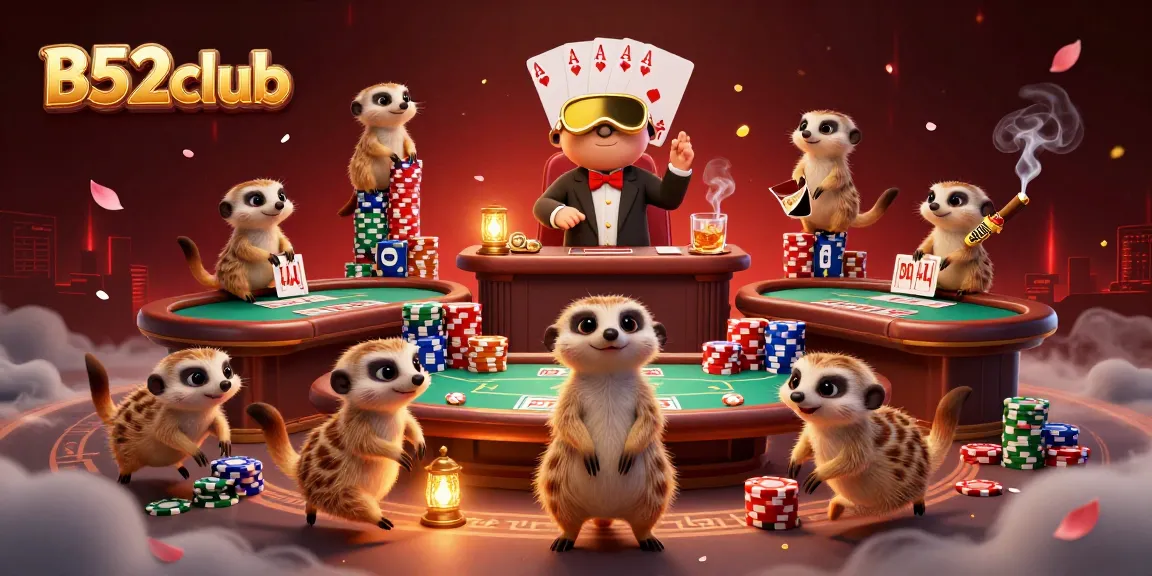 B52club meerkats engaging in casino operations with vibrant poker elements and rich details.