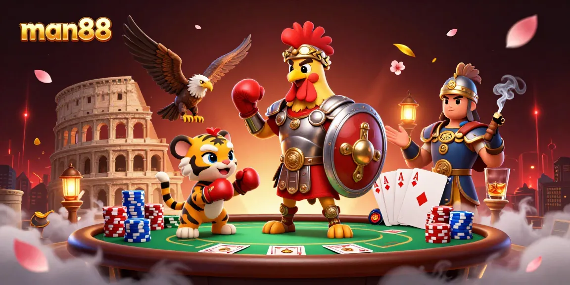 Experience thrilling gaming action with man88 in a vibrant 3D casino scene featuring poker elements.