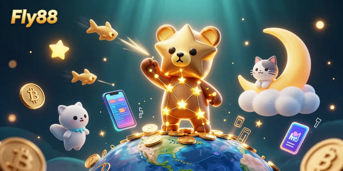Engage with Fly88 to win big as the constellation bear scoops golden coins from Earth in this vibrant casino scene.