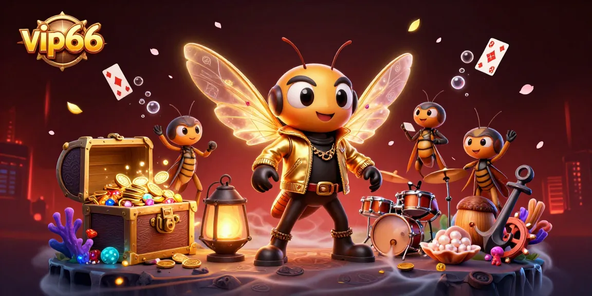 Join the vibrant action at vip66 casino, featuring a rock star cicada and backup crickets, creating a dynamic gaming scene.