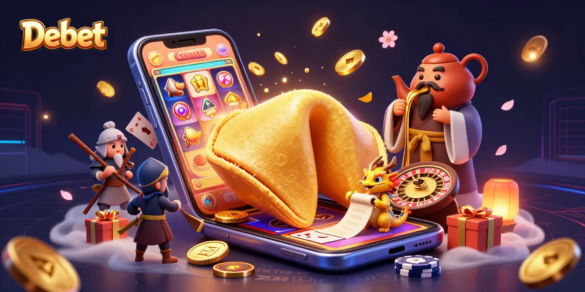 Experience the thrill of Debet with a vibrant 3D casino scene featuring a dynamic golden fortune cookie and gaming elements.