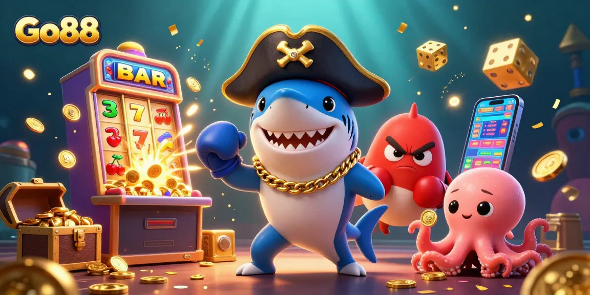 Experience Go88's vibrant casino thrills with a dynamic scene featuring a shark, pufferfish, and octopus.