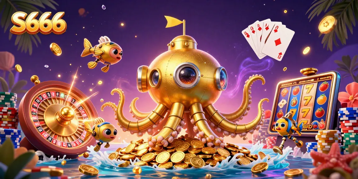 S666 players engaging with slot reels and jackpot symbols amidst a vibrant casino scene
