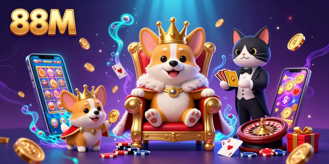 Engage in gaming action at 88M with a royal corgi throne scene filled with poker elements.