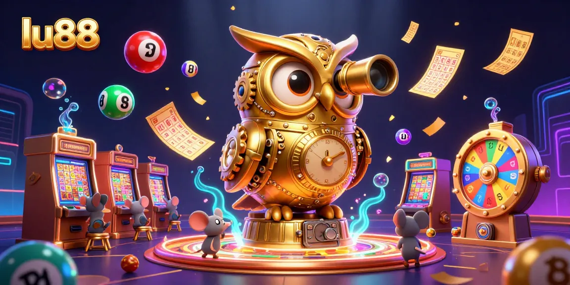 Engage with lu88's vibrant casino scene featuring a golden owl and lively game elements.