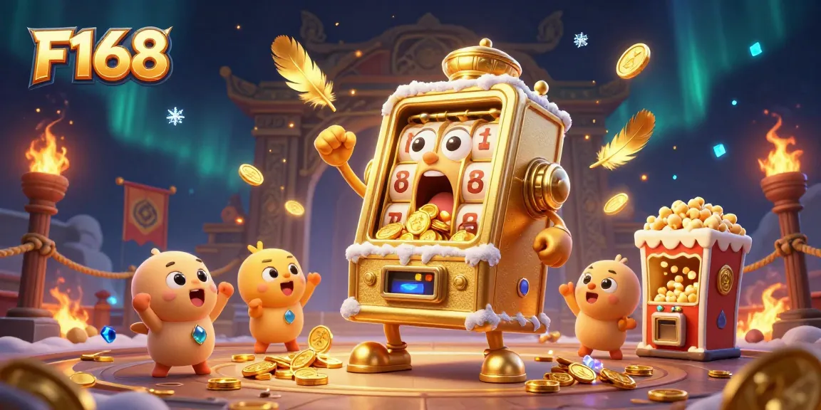 The F168 slot machine wins a jackpot, showering coins, surrounded by cheering baby slots and festive elements.