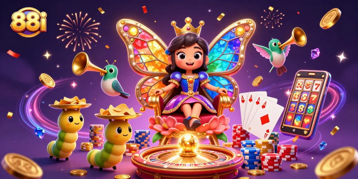 88i illustrates a vibrant online casino experience with a butterfly queen, poker chips, and celebratory elements.
