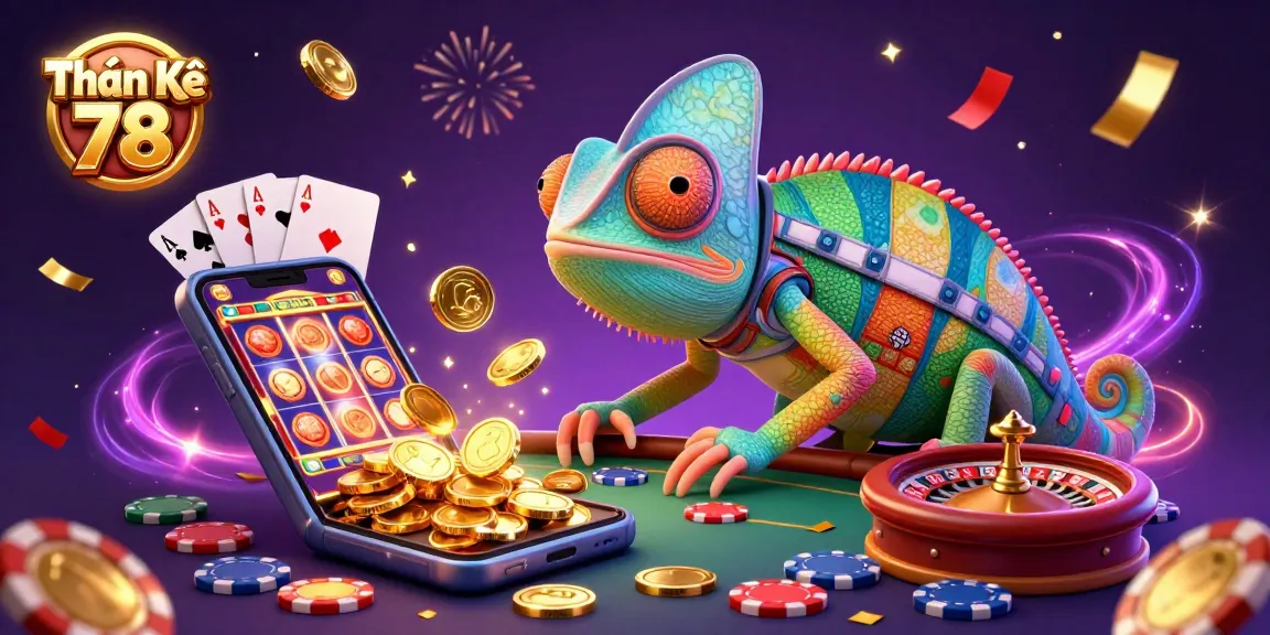 Thần Kê 78 showcases a vibrant casino scene featuring a chameleon owner capturing golden coins in a lively gaming atmosphere.