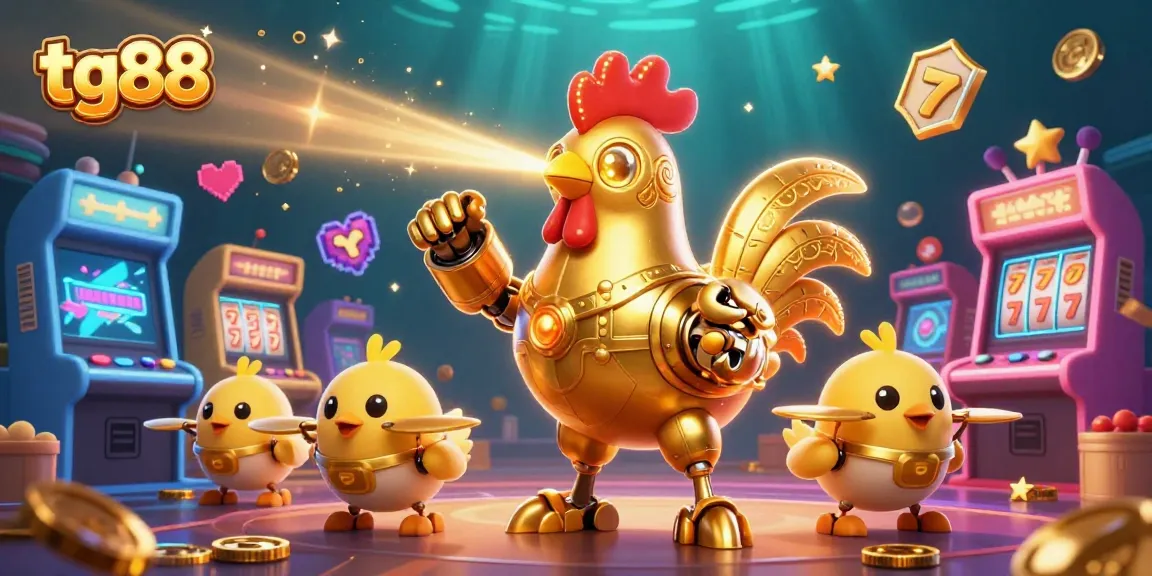 Experience thrilling gaming at tg88 with a golden rooster robot and vibrant casino elements.