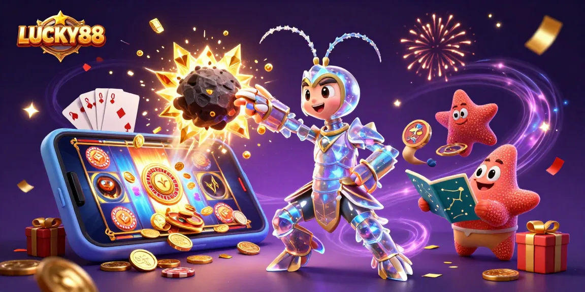 LUCKY88 showcases a galactic samurai mantis shrimp in a vibrant casino scene with slot games and poker.