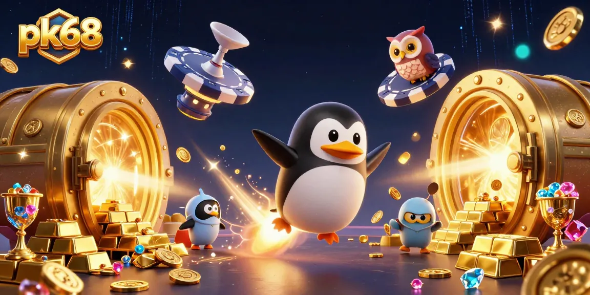Catch the excitement of pk68 with a golden penguin launching into a rich casino world filled with treasures.
