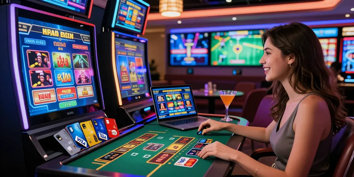 Player at a credit card casino enjoying vibrant gaming with various credit cards nearby, showcasing a lively gambling atmosphere.